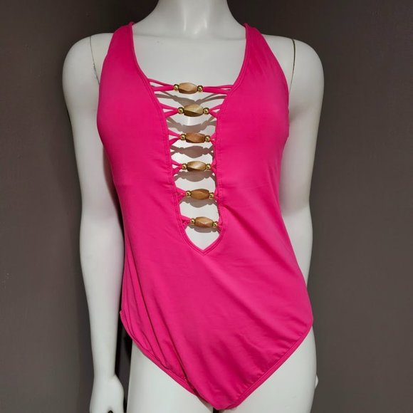 Bleu by Rod Beattie Beaded-Cutout One-Piece Swimsuit Rose Red Size 14 - Picture 2 of 14